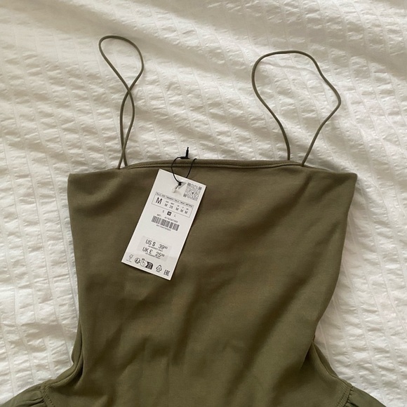 Sold out NWT Zara mixed rib Poplin balloon dress in olive green color size M - Picture 10 of 10